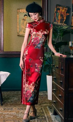뽕나무 실크, 꽃무늬, 고급 롱 치파오