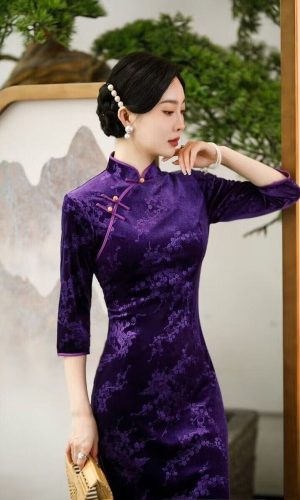 매화 무늬, 벨벳 미디 플러스 사이즈 치파오