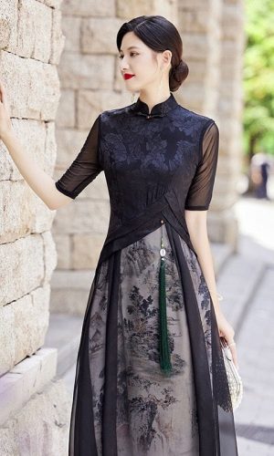 중국 수채화 무늬, 긴 A라인 치파오