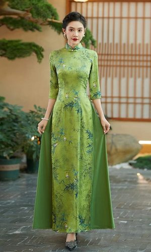 대나무 잎 무늬, 실크 새틴 긴 아오자이