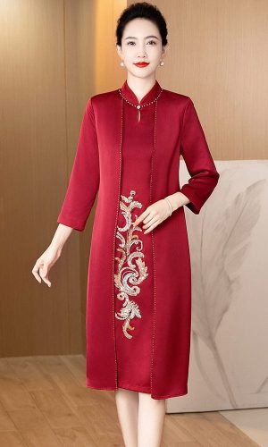 인조 투피스 치파오, 7부 소매 미디 치파오